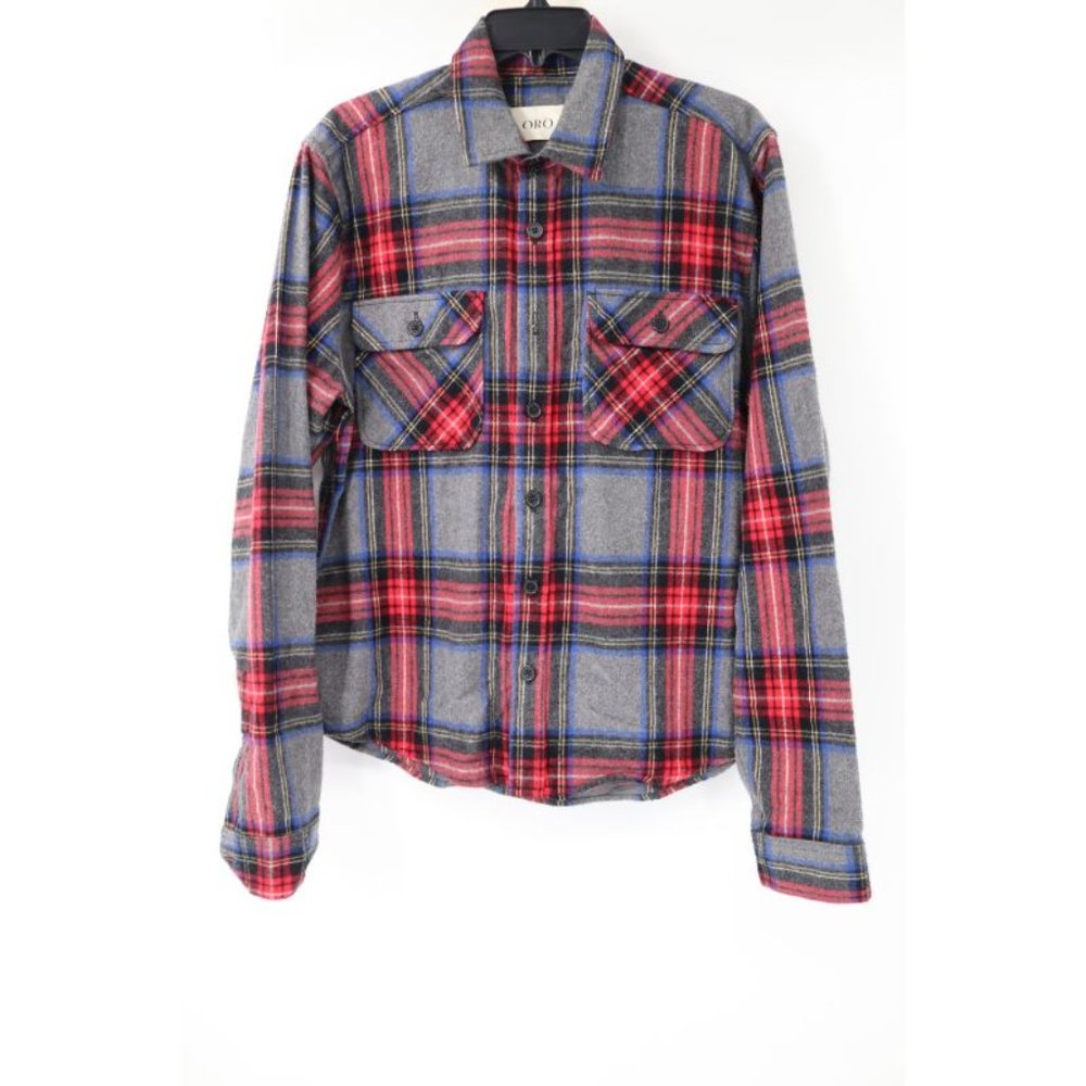 ORO Shirt Mens Small Flannel Gray Red Plaid Button Up Long Sleeve Pockets casual